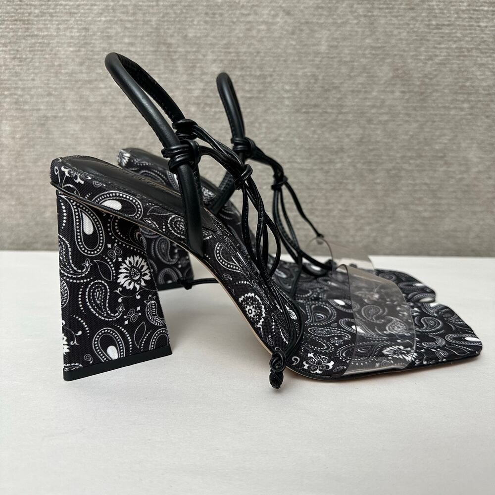 Schutz Mayla Paisley Block Heel Sandals Black White Lace Up Clear Strap 9B NIB - Picture 3 of 9